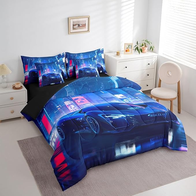 Feelyou City Racing Car 7 Piece Bedding Set King Size Blue Sport Car Comforter Set with Sheets for Adult Kids Boys Teens Fast and Furious Bed in a Bag Luxury Car Bed Set