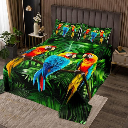 Erosebridal Parrot Bedspread Watercolor Animal Feather Bedding Set Palm Leaf Coverlet Set, Tropical Plant Birds Comfortable Quilted with Pillowcase Queen Size
