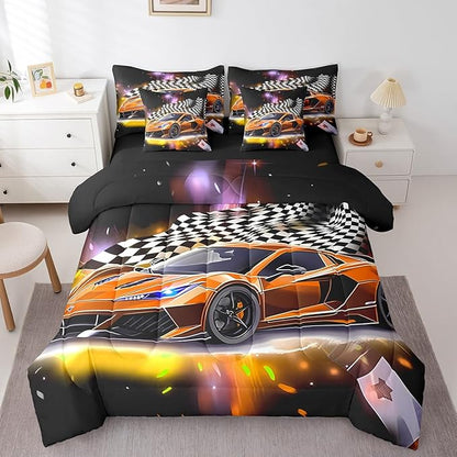 Feelyou Orange Racing Car 7 Piece Bedding Set Full Size Extreme Sport Comforter Set with Sheets for Kids Boys Girls Teens Toddler Fast and Furious Bed in a Bag Black White Flag Bed Set