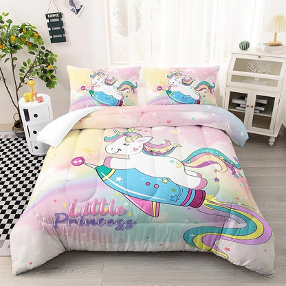 Kid Unicorn Comforter Set Queen Size Space Rocket Rainbow Star Dot Pattern Quilt Bedding Set for Boys Girls with 1 Comforter and 2 Pillowcases