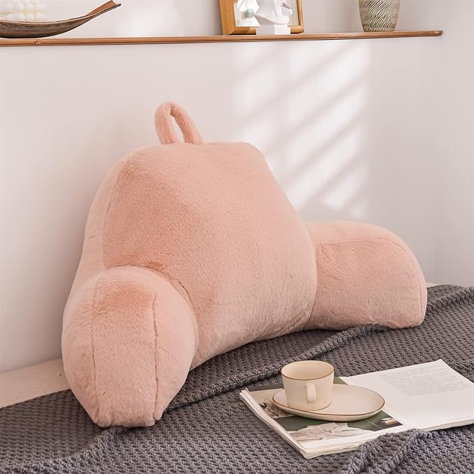 A Nice Night Faux Fur Soft Reading Pillow Bed Wedge Adult Backrest with Arms Back Support for Sitting Up in Bed/Couch for Bedrest,Pink,Large