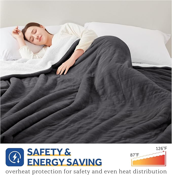 SEALY Heated Electric Blanket Full Size, Flannel & Sherpa Heating Blanket with with 10 Heating Levels & 1-12 Hours Auto Shut Off, Fast Heating Blanket, Machine Washable, Grey, 80 x 84 Inch