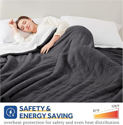 SEALY Electric Blanket Twin Size, Flannel & Sherpa Heated Blanket with 10 Heating Levels & 1-12 Hours Auto Off, Machine Washable, Grey, 62x 84 Inch