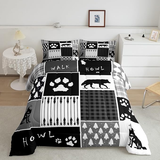 Feelyou Rustic Comforter Set Toddler Size Hunting Adventure Comforter for Boys Girls Teens Wildlife Arrows Bedding Set Woodland Wolf Duvet Set Room Decor Wolf Paws Print Quilt Set