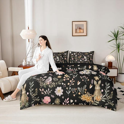 Feelyou Cute Deer and Rabbit 7 Piece Bedding Set Floral Flower Comforter Set with Sheets for Kids Boys Girls Nature Plants Bed in a Bag Black Colorful Bed Set Soft Lightweight