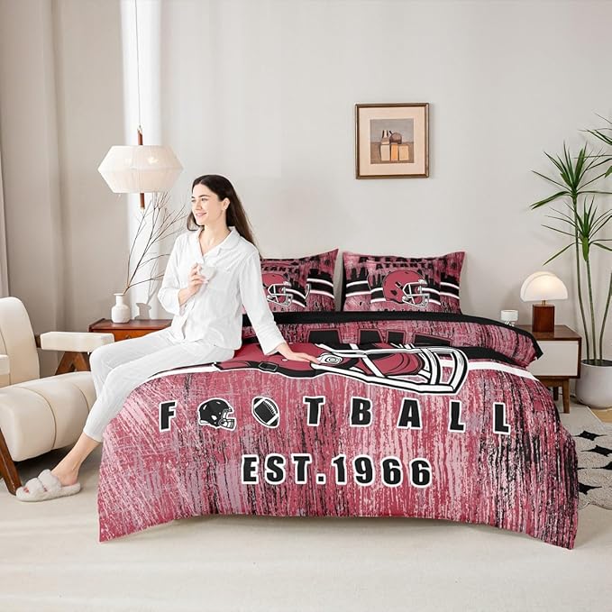 Erosebridal Kids Football Bed in A Bag Gridiron Sports Bedding Set King,Brick Red Sports Helmet Comforter Sets with Sheets Rugby City Seasonal Color 7 Pieces Bed Set Bedroom Decor
