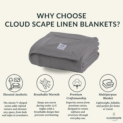 Cloud Scape Linen 100% Cotton Blanket Queen Size - Heavy and Soft, Season, Winter Cozy Blanket, Herringbone Weave, Best Gift for Women, fits Full Size Bed, 92x92, Dark Grey