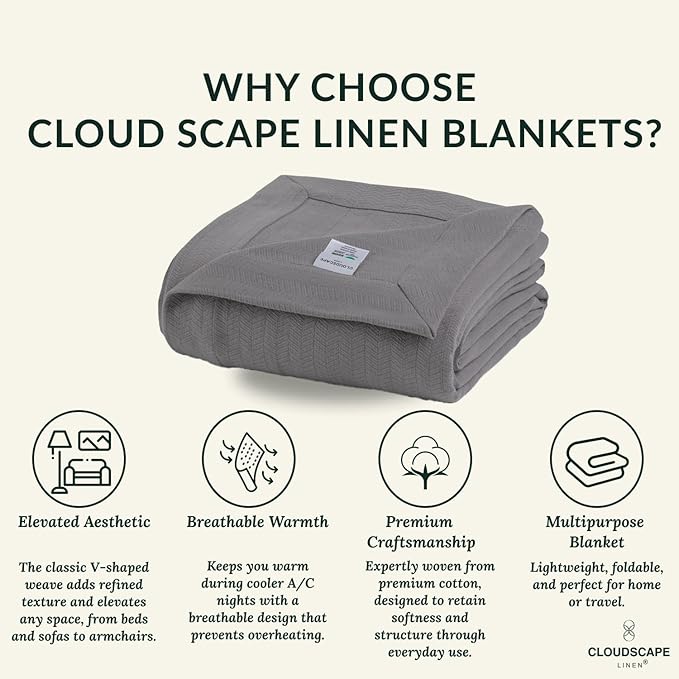 Cloud Scape Linen Herringbone Cotton Throw Blanket for Couch, Bed,Sofa, Home Decor, Soft, Heavy, All-Season, Winter Bed Blanket, Best Gift for Christmas, 50 x 70, Dark Grey