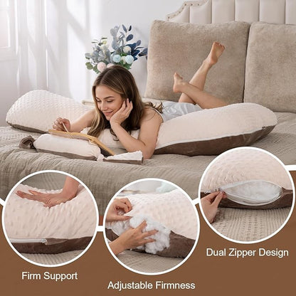 Long Body Pillow for Adults, Full Body Pillow with Mini Candy Pillow, Adjustable Height, Firm Support for Side Sleeping, Kids & Pregnancy, Soft & Breathable, Washable (55 Inch, Velvet Brown)
