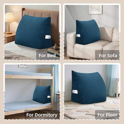 Wedge Headboard Reading Pillow for Bed Velvet Triangular Backrest Bolster Pillow for Sitting Up Daybed Cushion Lumbar Body Support Positioning for Headboard, Couch, Dorm, Deepblue
