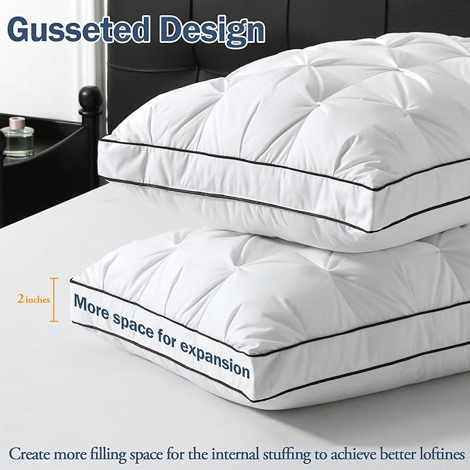 BPC Luxury Goose Feather Down Pillows King Size, Gusseted Hotel Bed Pillows for Sleeping, 100% Organic Cotton Cover, Surround Polyester Fill, Soft Fluffy for Sleepers (18"x34" + 2" Gusset, Pack of 2)