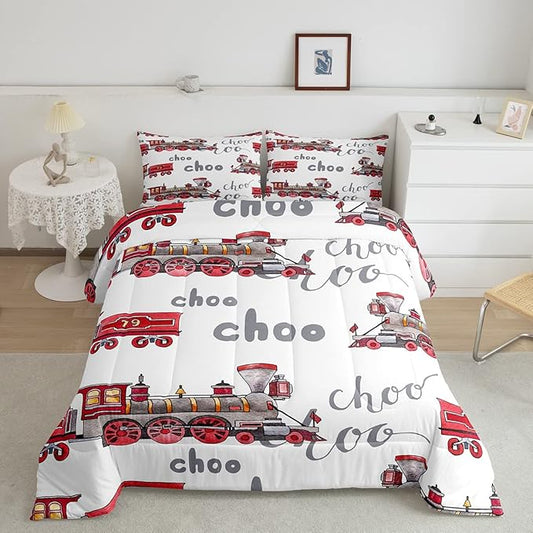 Feelyou Cartoon Car Bedding Set Kids Train Comforter Set Boys Girls Choo-Choo Rail Roads Tracks Decor Comforter Microfiber Train Construction Duvet Set Bedroom Quilt Set Twin Size with 1 Pillow Case