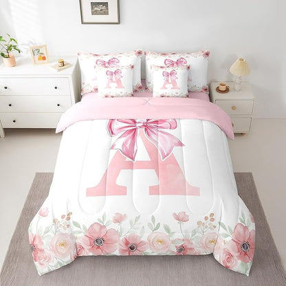 Erosebridal Initial Letter A Beding Sets for Kids Girls Teen Full, Pink Bow Tie Bowknot Bed in A Bag, Spring Fresh Style Comforter Set with Sheets Soft Breathable Microfiber Bed Set Bedroom Decor