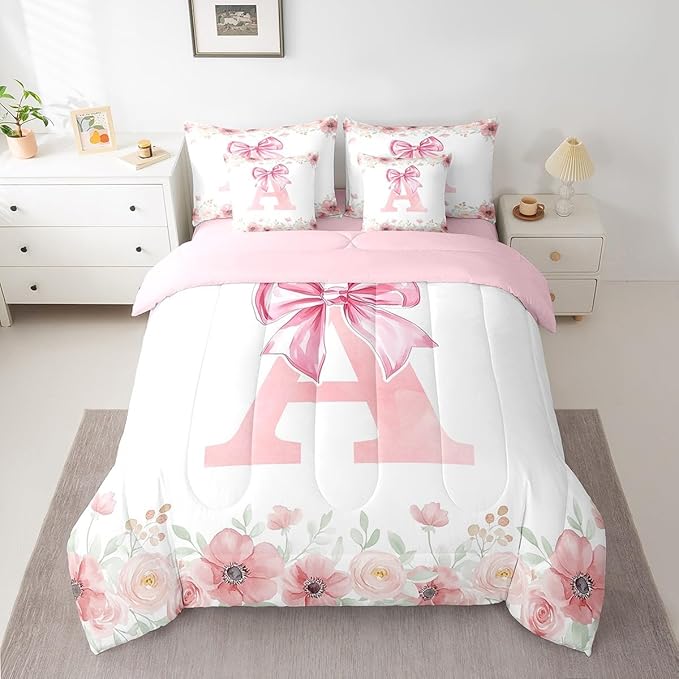 Erosebridal Initial Letter A Beding Sets for Kids Girls Teen King, Pink Bow Tie Bowknot Bed in A Bag, Spring Fresh Style Comforter Set with Sheets Soft Breathable Microfiber Bed Set Bedroom Decor