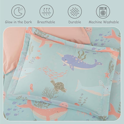 Glow in The Dark Kids Comforter Set Full Size for Girls, Ocean Animals Bedding Set 1 Comforter, 1 Decor Pillow, 2 Pillow Shams