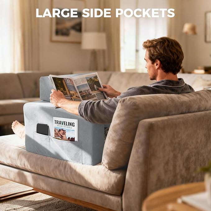 Reading Pillow for Gaming Lap Desk Pillow for Laptop with Cup Holder Pocket Foldable Memory Foam Bed Desk for Reading Working Crocheting Gaming Arm Rest on Bed/Sofa/Floor/Couch/Car(grey foldable)