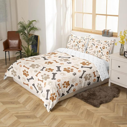 Dog Paw Print Bedding Set Twin Size (Not Comforter),Bone Puppy Pets Animal Theme Duvet Cover for Kids Boys Bedroom Decor,Beige Cute Cartoon Design Polyester Quilt Cover with 1 Pillowcases, 2 Pieces