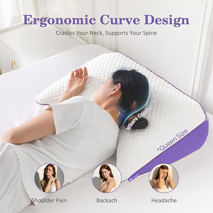 HOMELAB Adjustable Shredded Memory Foam Curve Pillow Queen Size 29"x19", Oversized Crescent Design for Side & Back Sleepers, Doubles as Backrest for Reading, Lounging & Relaxing, Cooling Cover, 1 Pack