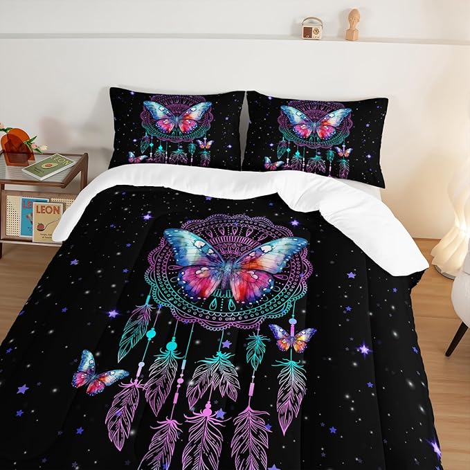 HOSIMA Dream Catcher Tween Bedding Sets for Girls,Butterfly Feather Dream Stories Comforter Set Kidcore Room Decor Aesthetic Galaxy Starry Black Comforter Full Size with 2 Pillowcases.