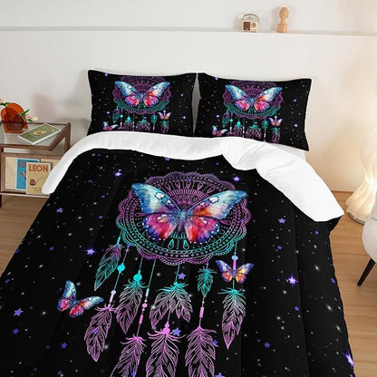 HOSIMA Dream Catcher Tween Bedding Sets for Girls,Butterfly Feather Dream Stories Comforter Set Kidcore Room Decor Aesthetic Galaxy Starry Black Comforter Full Size with 2 Pillowcases.