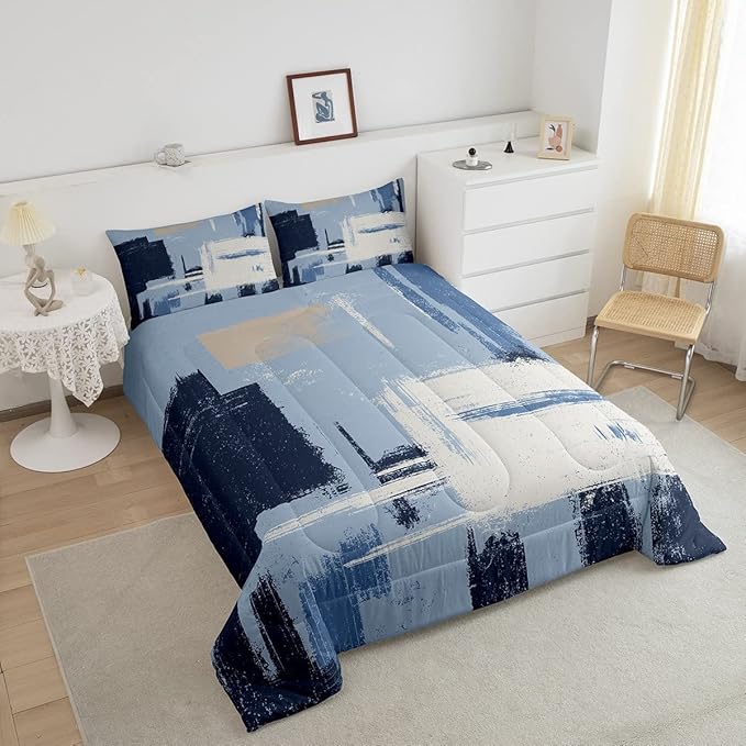 Feelyou Abstract Bedding Set Comforter Set for Kids Boys Girls Teens Room Decor Modern Abstract Art Comforter Light Blue Black Grey Duvet Set 3Pcs King Size