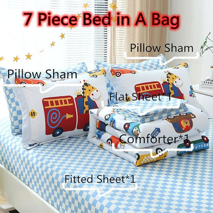 Kids Cars Animal Comforter Set Full Size for Boys Girls Teens 7 Piece Cartoon Construction Fire Truck Excavator Police Ambulance Lion Cat Dog Elephant Bedding Set Bed in A Bag,Colourful