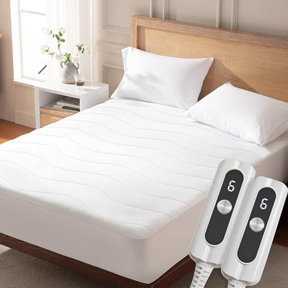 Heated Mattress Pad King, Quilted Electric Mattress Pad Bed Warmer with Dual Controllers, 6 Heat Settings 10-Hour Auto Off, 17 Inch Deep Pocket, Machine Washable, White