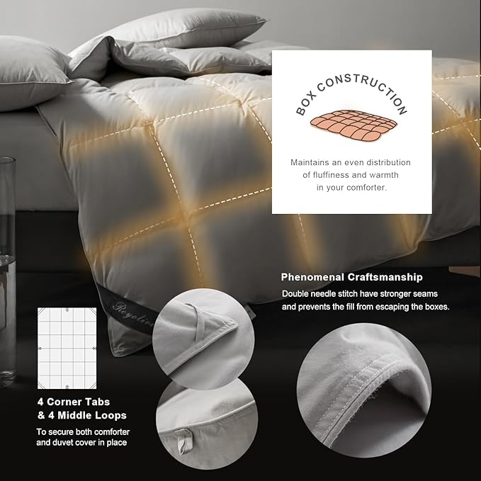 Royoliving Premium Feathers Down Comforter 100% Cotton Cover Duvet Insert with Corner Tabs (Grey, King Winter)