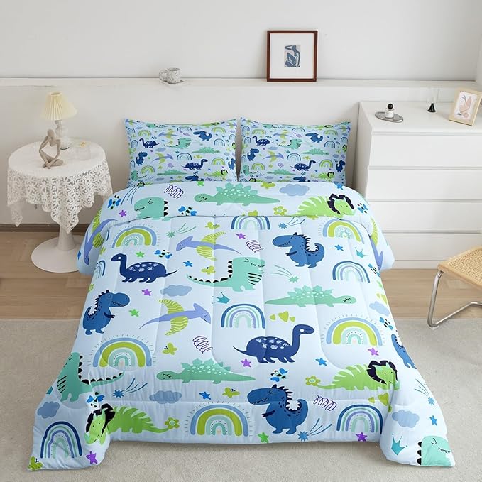 Feelyou Boys Dinosaur Toddler Bedding Sets Queen Size Girls Blue Green Dinosaurs Comforter Set Cute Cartoon Dino Rainbow Down Comforter Quilt Kids Room Decor Reversible Stars Bed Set for All Seasons