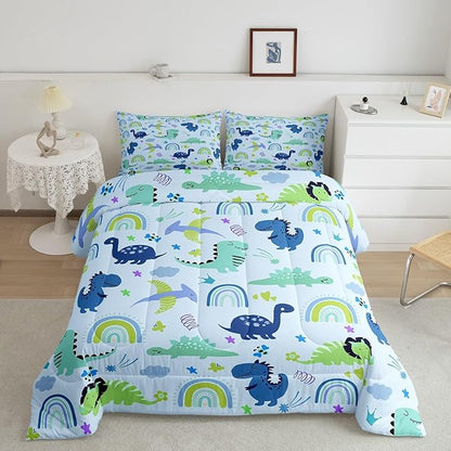 Feelyou Boys Dinosaur Toddler Bedding Sets King Size Girls Blue Green Dinosaurs Comforter Set Cute Cartoon Dino Rainbow Down Comforter Quilt Kids Room Decor Reversible Stars Bed Set for All Seasons