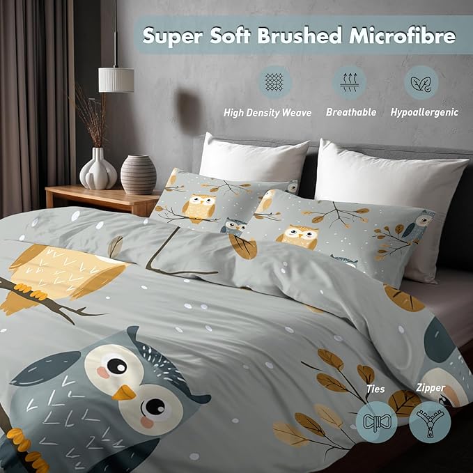 Owl Duvet Cover Oversized Queen Size, Kids Boys Girls Bedding Set 3 Pcs (2 Pillow Shams), Super Soft Microfiber Bedroom Decor, Zipper & Ties CSXQ1246