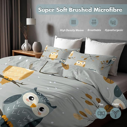 Owl Duvet Cover California King Size, Kids Boys Girls Bedding Set 3 Pcs (2 Pillow Shams), Super Soft Microfiber Bedroom Decor, Zipper & Ties CSXQ1246