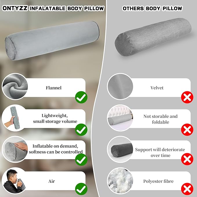 ONTYZZ Inflatable Short Body Pillow, Short Pillow for Bed, Oval Bolster Pillow for Good Sleeping and Back/Neck Support, 1pcs Grey