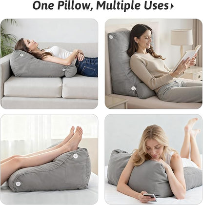 2PCS Reading Backrest Pillow Set,Soft FleeceLike,22''x24'' Bed Rest Pillow w/Removable Washable Cover,for Sit/Sleep,Leg/Back Support,Acid Reflux,PostSurgery Relief,Side Phone Pocket,Light Grey