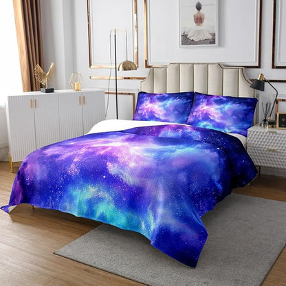Erosebridal Purple Galaxy Bedspread Twin Size, Girls Starry Sky Bedding Set, Space Universe Star Coverlet Set for Kids Teen Bedroom Decor, Constellation Planet Comfortable Quilted