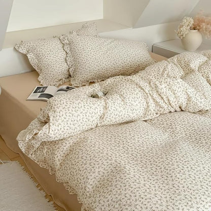 BuLuTu Shabby Chic Floral Duvet Cover for King Size Bed, Muslin Cotton Comforter Cover Set, Beige Camellia Flower Print Bedding Kids Teens Young Adults Quilt Cover with 2 Pillow Cases