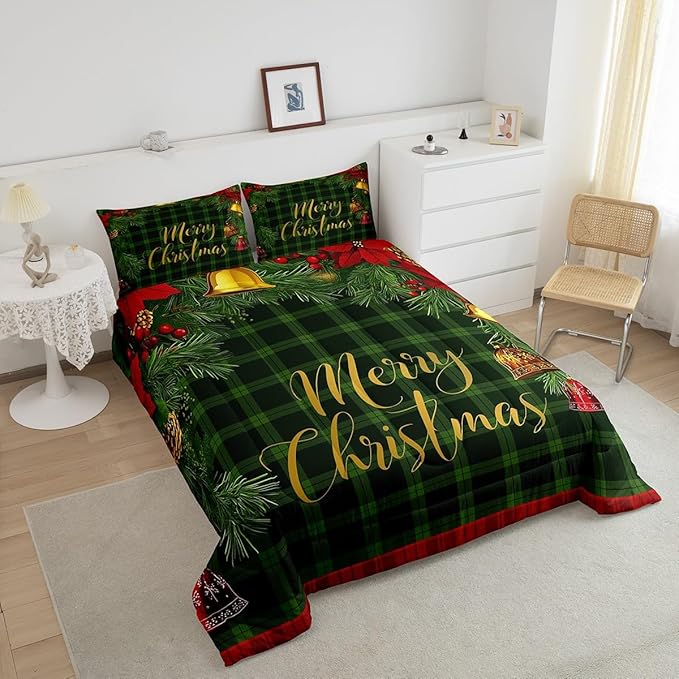 Red Blue Merry Christmas Comforter Set for Kids Boys Girls,Christmas Balls Bedding Set,Vintage Xmas Grid Lattice Duvet Insert King,Happy Holiday Down Comforter with 2 Pillowcases Bedroom Decor