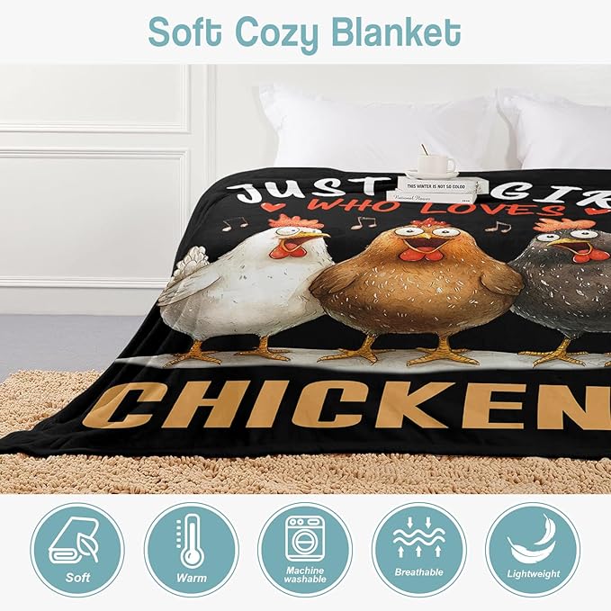 Chicken Lover Blanket, Just A Girl Who Loves Chickens Blanket, Soft Warm Cozy Fleece Throw, Gifts for Girls Women Kids, 40"x50", Black