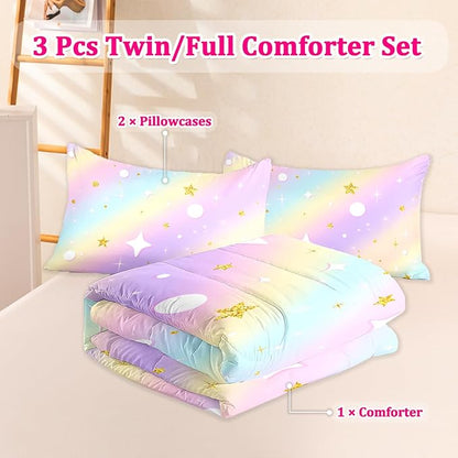 3 Pcs Twin Bedding Sets for Girls, Pink Glitter Rainbow Twin Size Bed Set, Stars Galaxy Bedding Comforter Set for Girls