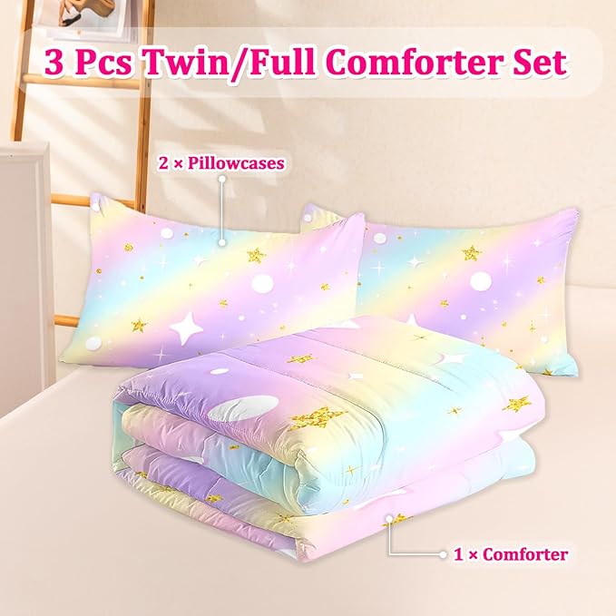 3 Pcs Full Bedding Sets for Girls, Pink Glitter Rainbow Full Size Bed Set, Stars Galaxy Bedding Comforter Set for Girls