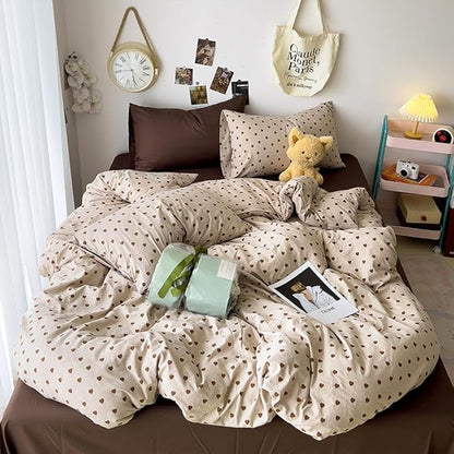 Light Khaki Duvet Cover Full 3Pcs Chocolate Brown Love Heart Bedding Set Simple Fashion Love Heart Shaped Pattern Bedding Reversible Soft Microfiber Zipper Closure