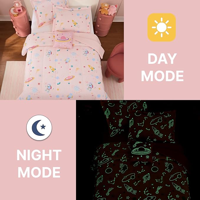 Full Size Comforter Set for Girls-4 Pieces Space Glow in The Dark Full Bedding Sets for Kids, 1 Comforter, 2 Shams and 1 Decor Pillow