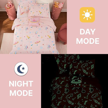 Full Size Comforter Set for Girls-4 Pieces Space Glow in The Dark Full Bedding Sets for Kids, 1 Comforter, 2 Shams and 1 Decor Pillow