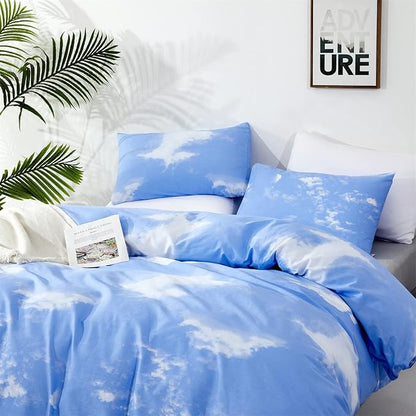 Wellboo Blue White Comforter Sets Twin Szie Boys Girls Blue Sky Bedding Comforters Cotton Blue and White Clouds Quilts for Women Soft Casual Abstract Cloud Print Bed Modern Sky Blue Minimalist Bedding