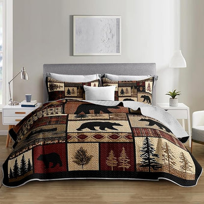 Rustic Black Bear Quilt Bedding Queen 3Pcs Natural Forest Wild Hunt Animal Bear Canoe Bed Set Retro Tree Grid Pattern Bedspread Coverlet with 2 Pillowcases for Kid Boy Girl Teen Adult Bed Decor