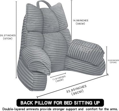 RRPAHWTV Reading Pillow for Bed with High Arm Rests,Back Support Pillow for Sitting Up in Bed with Shredded Memory Foam for Reading, TV, Gaming or Relaxing on Floor（Smoke Gray, Large）