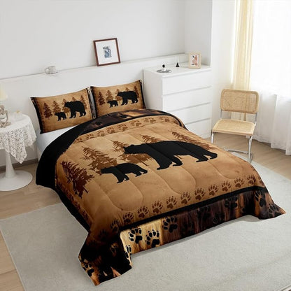Feelyou Bear Comforter Set Queen Size Farmhouse Wild Animal Comforter Retro Cabin Lodge Bedding Set for Kids Boys Girls Brown Bear Paws Duvet Rustic Bedroom Decor Quilted 3Pcs