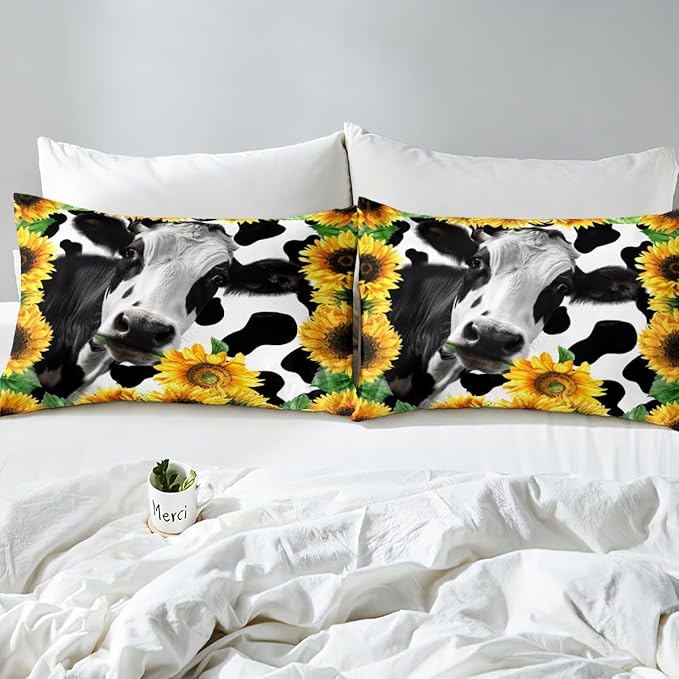 Cow Duvet Cover Set, Milk Cow Print and Yellow Sunflowers Print Comforter Cover for Kids Girls Teens Bedroom Decor, Cute Animal and Floral Theme Bedding Set + 1 Pillowcases, Twin