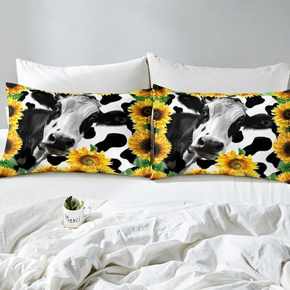 Cow Print Duvet Cover Set King Size, Black White Mike Cow and Yellow Sunfowers Pattern Bedding Set + 2 Pillowcases, Natural Floral and Animal Theme Country Farmhouse Bedspread
