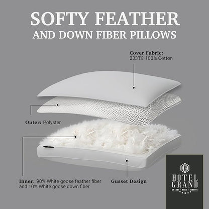 Hotel Grand Goose Feather Down Fiber Pillows Queen Size Set of 2, 100% Cotton Cover Hotel Collection Gusseted Bed Pillows for Back, Stomach or Side Sleepers, White